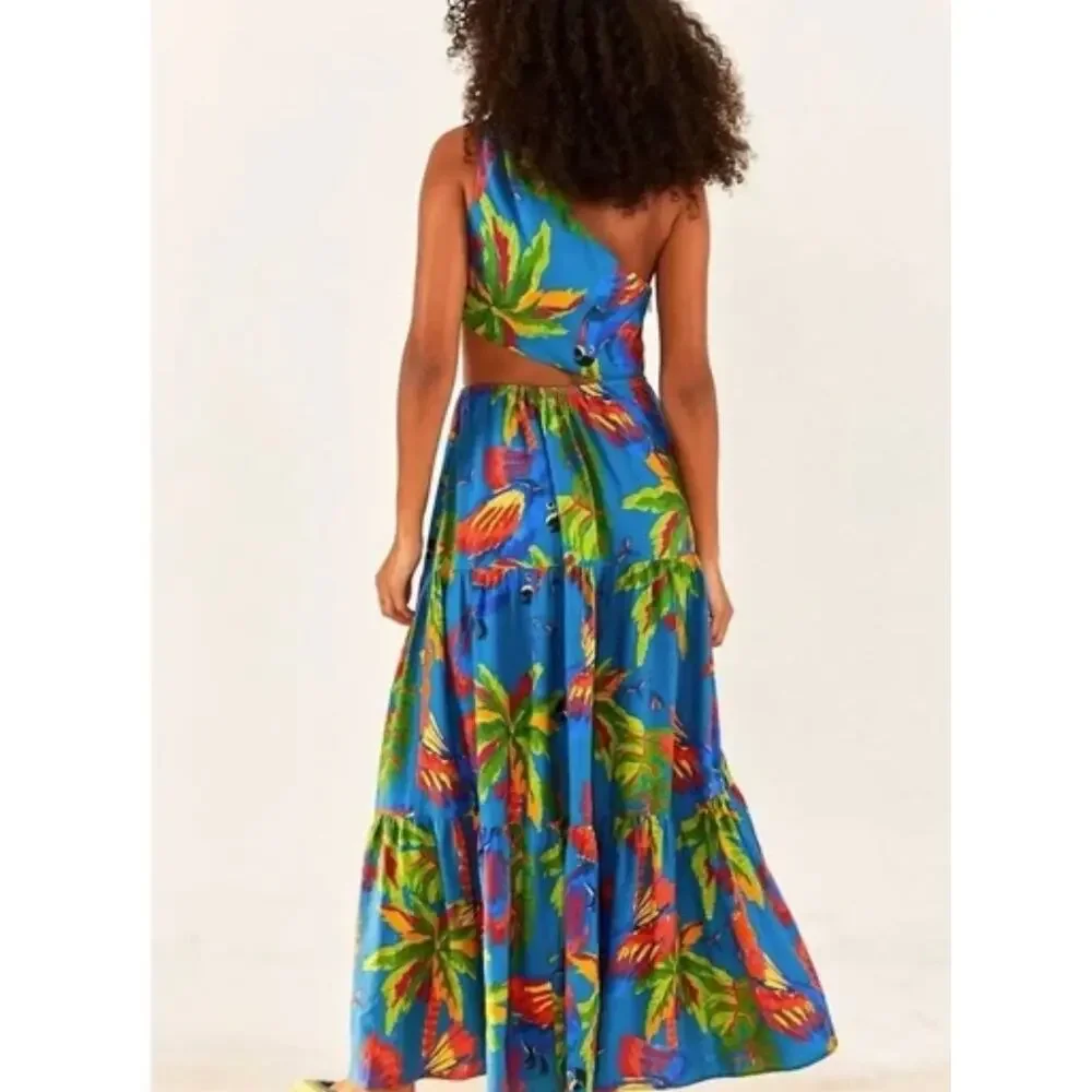 Farm Rio Sunny Day Maxi Dress One-Shoulder Cutout Tropical Linen Blend Size XL - Picture 5 of 14